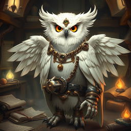 A majestic white owl-man with glowing eyes in the role of an artificer, adorned with intricate mechanical gadgets and tools