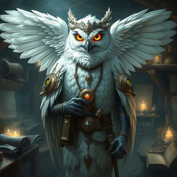 A majestic white owl-man with glowing eyes in the role of an artificer, adorned with intricate mechanical gadgets and tools