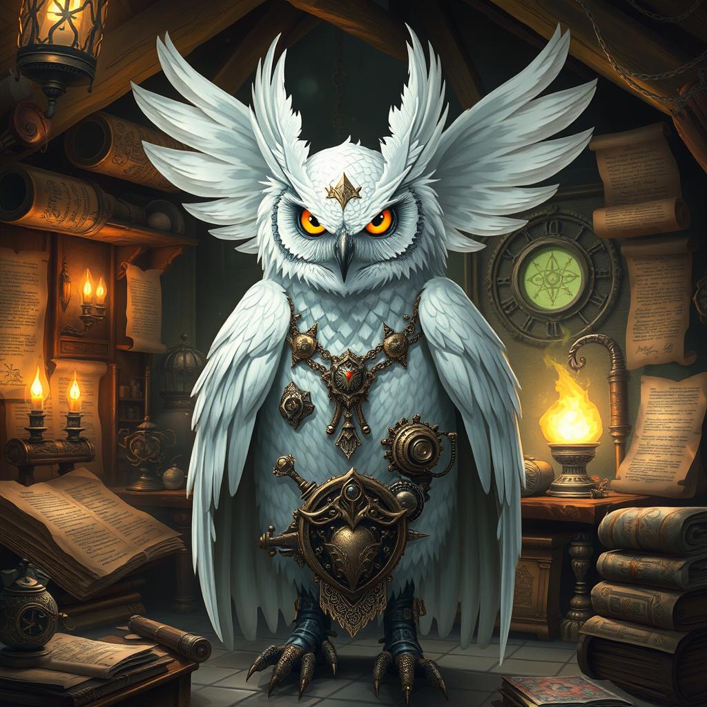 A majestic white owl-man with glowing eyes in the role of an artificer, adorned with intricate mechanical gadgets and tools