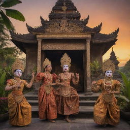 Detailed scene showcasing the rich culture of Java, Indonesia, featuring traditional Javanese dance, batik clothing, wayang puppet theatre, and historic temples under a tropical sunset.