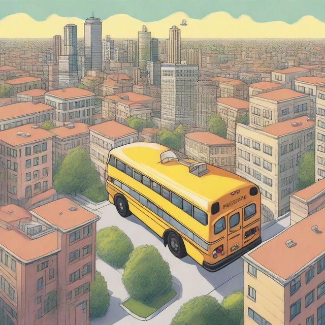 A yellow school bus flying over a city