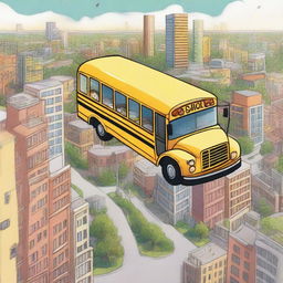 A yellow school bus flying over a city