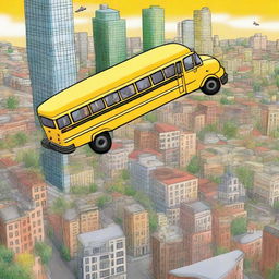 A yellow school bus flying over a city