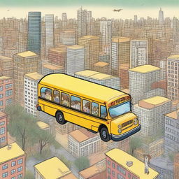 A yellow school bus flying over a city