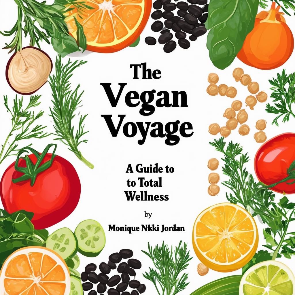 Create a vibrant and inviting printable cookbook cover titled 'The Vegan Voyage: A Guide to Total Wellness' by Monique Nikki Jordan, featuring fresh, natural colors, illustrations of vegetables, fruits, herbs, black beans, and chickpeas, with an elegant italic font and a clean, modern design