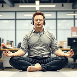 Elon Musk is sitting in a meditative pose with his eyes closed, wearing casual clothes and headphones in his ears