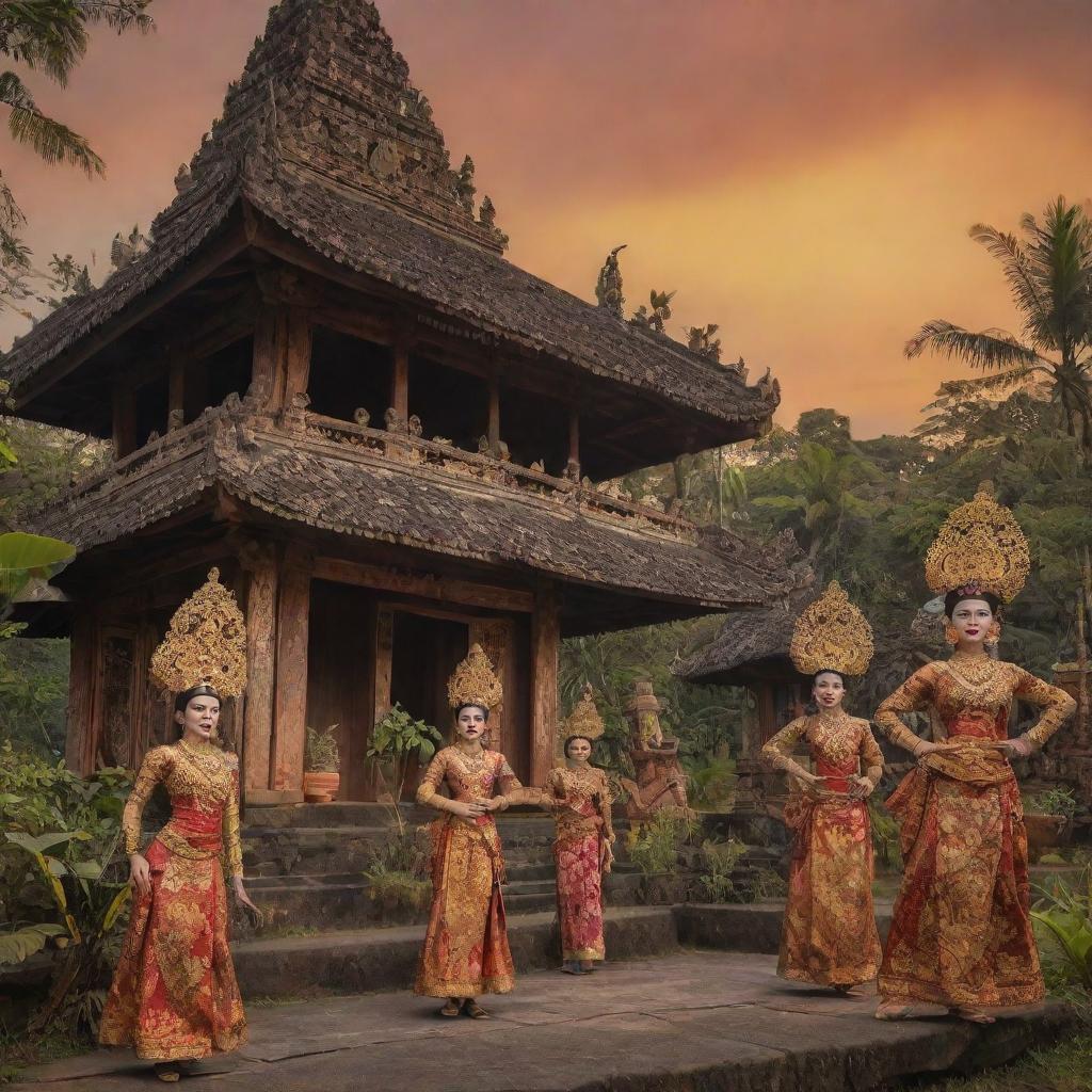 Detailed scene showcasing the rich culture of Java, Indonesia, featuring traditional Javanese dance, batik clothing, wayang puppet theatre, and historic temples under a tropical sunset.