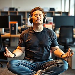 Elon Musk is sitting in a meditative pose with his eyes closed, wearing casual clothes and headphones in his ears