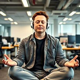 Elon Musk is sitting in a meditative pose with his eyes closed, wearing casual clothes and headphones in his ears