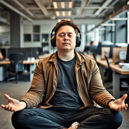 Elon Musk is sitting in a meditative pose with his eyes closed, wearing casual clothes and headphones in his ears