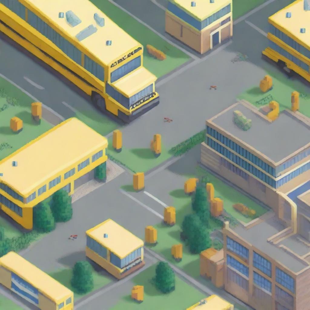 A yellow school bus flying over a city in pixel art style