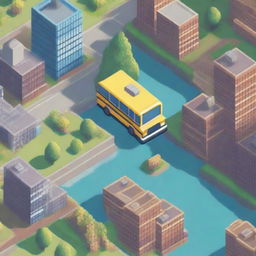 A yellow school bus flying over a city in pixel art style