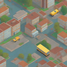 A yellow school bus flying over a city in pixel art style