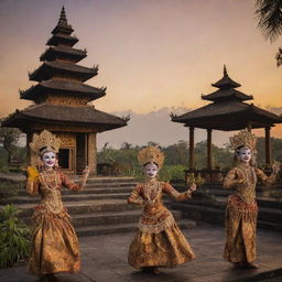 Detailed scene showcasing the rich culture of Java, Indonesia, featuring traditional Javanese dance, batik clothing, wayang puppet theatre, and historic temples under a tropical sunset.