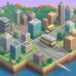 A yellow school bus flying over a city in pixel art style