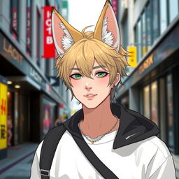 A guy with modern clothing, 90e0ef color hair, and fox ears