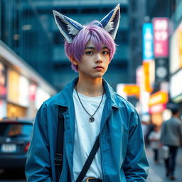 A guy with modern clothing, 90e0ef color hair, and fox ears