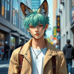 A guy with modern clothing, 90e0ef color hair, and fox ears