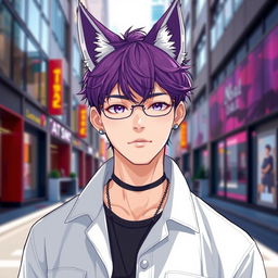 A guy with modern clothing, 90e0ef color hair, and fox ears