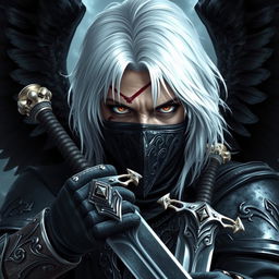 A white-haired man with black wings, a scar over one eye, a mask covering his mouth, and wielding two medieval-style swords