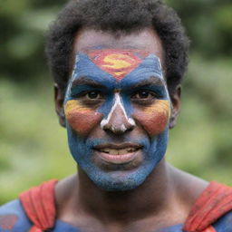 Superman wearing the vibrant, intricate face paint typical of Mt. Hagen cultural tradition in Papua New Guinea.