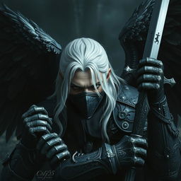 A white-haired man with black wings, a scar over one eye, a mask covering his mouth, and wielding two medieval-style swords