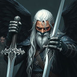 A white-haired man with black wings, a scar over one eye, a mask covering his mouth, and wielding two medieval-style swords