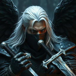 A white-haired man with black wings, a scar over one eye, a mask covering his mouth, and wielding two medieval-style swords