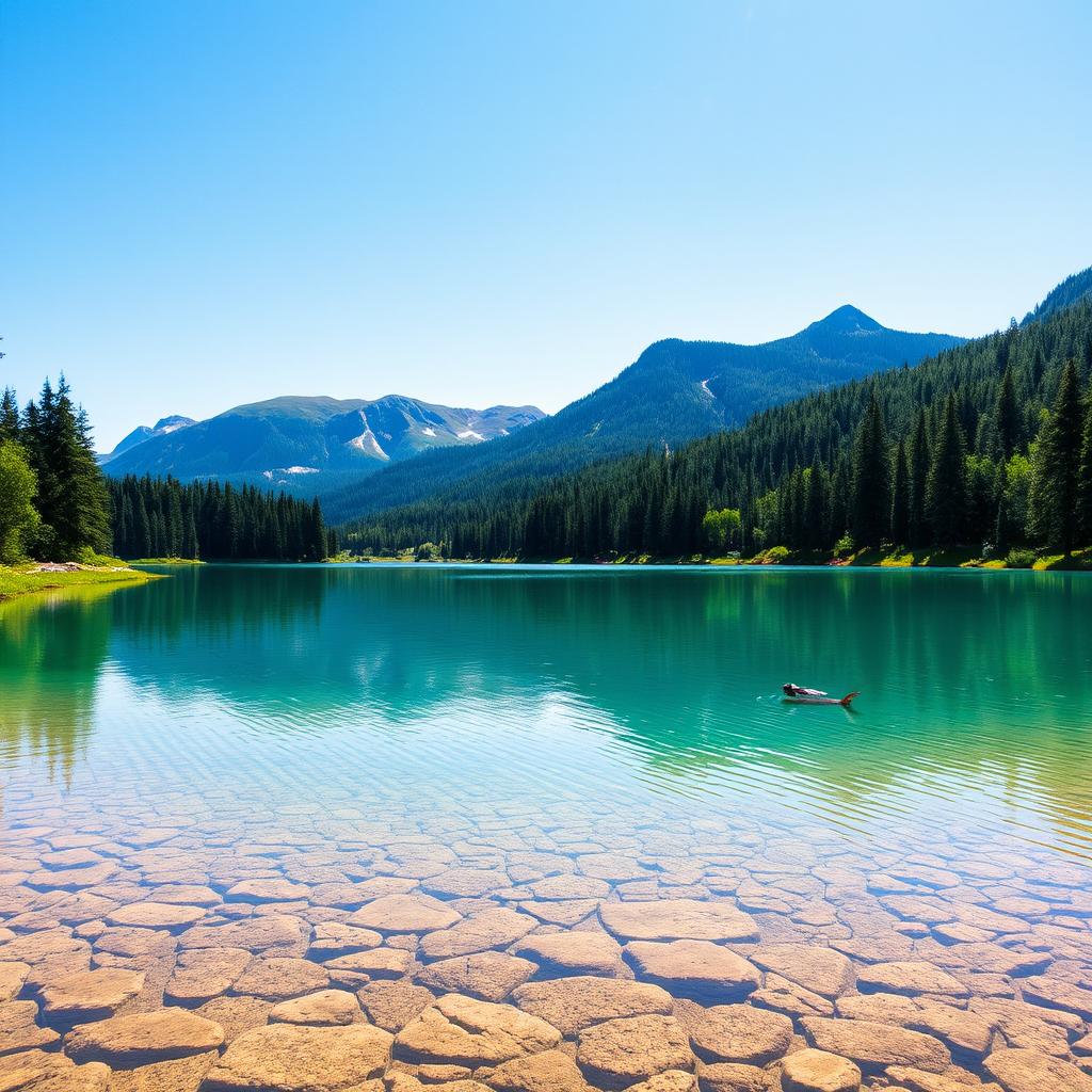 A serene landscape featuring a clear blue lake surrounded by lush green trees and mountains in the background under a bright, sunny sky