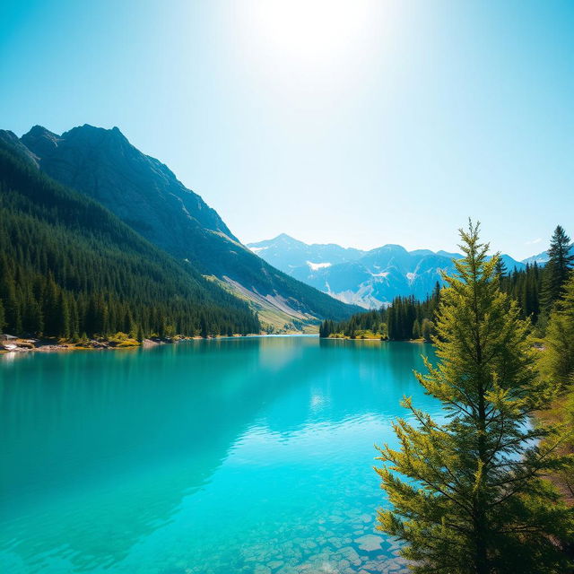 A serene landscape featuring a clear blue lake surrounded by lush green trees and mountains in the background under a bright, sunny sky