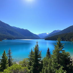 A serene landscape featuring a clear blue lake surrounded by lush green trees and mountains in the background under a bright, sunny sky