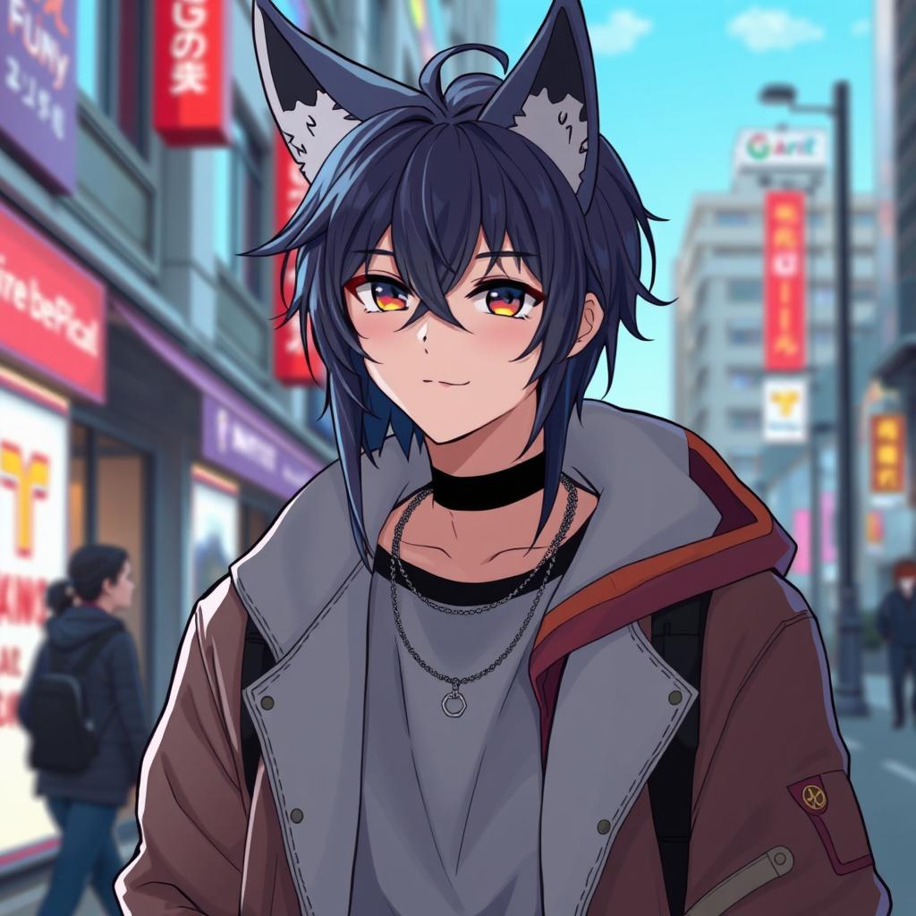 An anime-style guy with modern clothing, long 90e0ef color hair, and fox ears