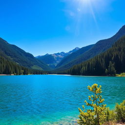 A serene landscape featuring a clear blue lake surrounded by lush green trees and mountains in the background under a bright, sunny sky