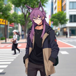 An anime-style guy with modern clothing, long 90e0ef color hair, and fox ears