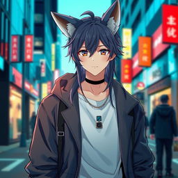 An anime-style guy with modern clothing, long 90e0ef color hair, and fox ears