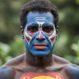 Superman wearing the vibrant, intricate face paint typical of Mt. Hagen cultural tradition in Papua New Guinea.