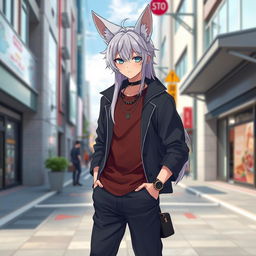 An anime-style guy with modern clothing, long 90e0ef color hair, and fox ears