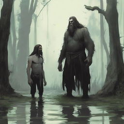 A tall giant with long hair and a beard, standing in a swamp