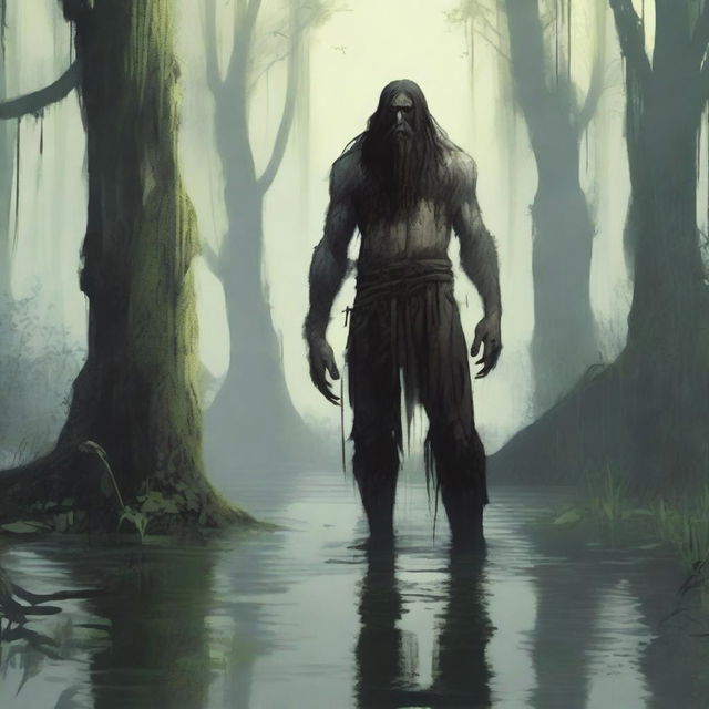 A tall giant with long hair and a beard, standing in a swamp