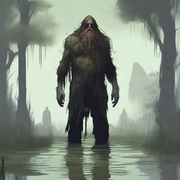 A tall giant with long hair and a beard, standing in a swamp