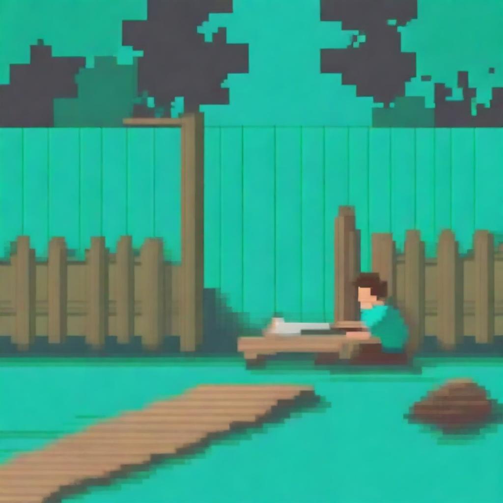 An inner corner of a turquoise fence, with a person sitting on the ground wearing a Hawaiian shirt and sawing wood