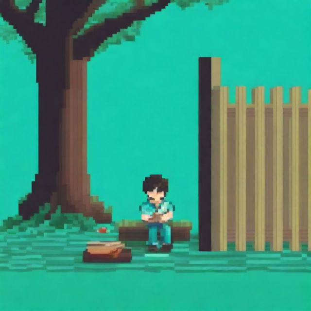 An inner corner of a turquoise fence, with a person sitting on the ground wearing a Hawaiian shirt and sawing wood