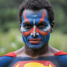 Superman wearing the vibrant, intricate face paint typical of Mt. Hagen cultural tradition in Papua New Guinea.