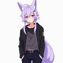 An anime-style guy with modern clothing, long light purple hair, and fox ears