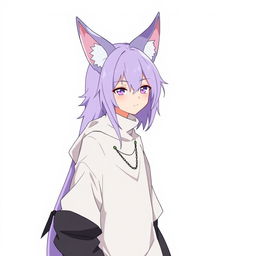 An anime-style guy with modern clothing, long light purple hair, and fox ears