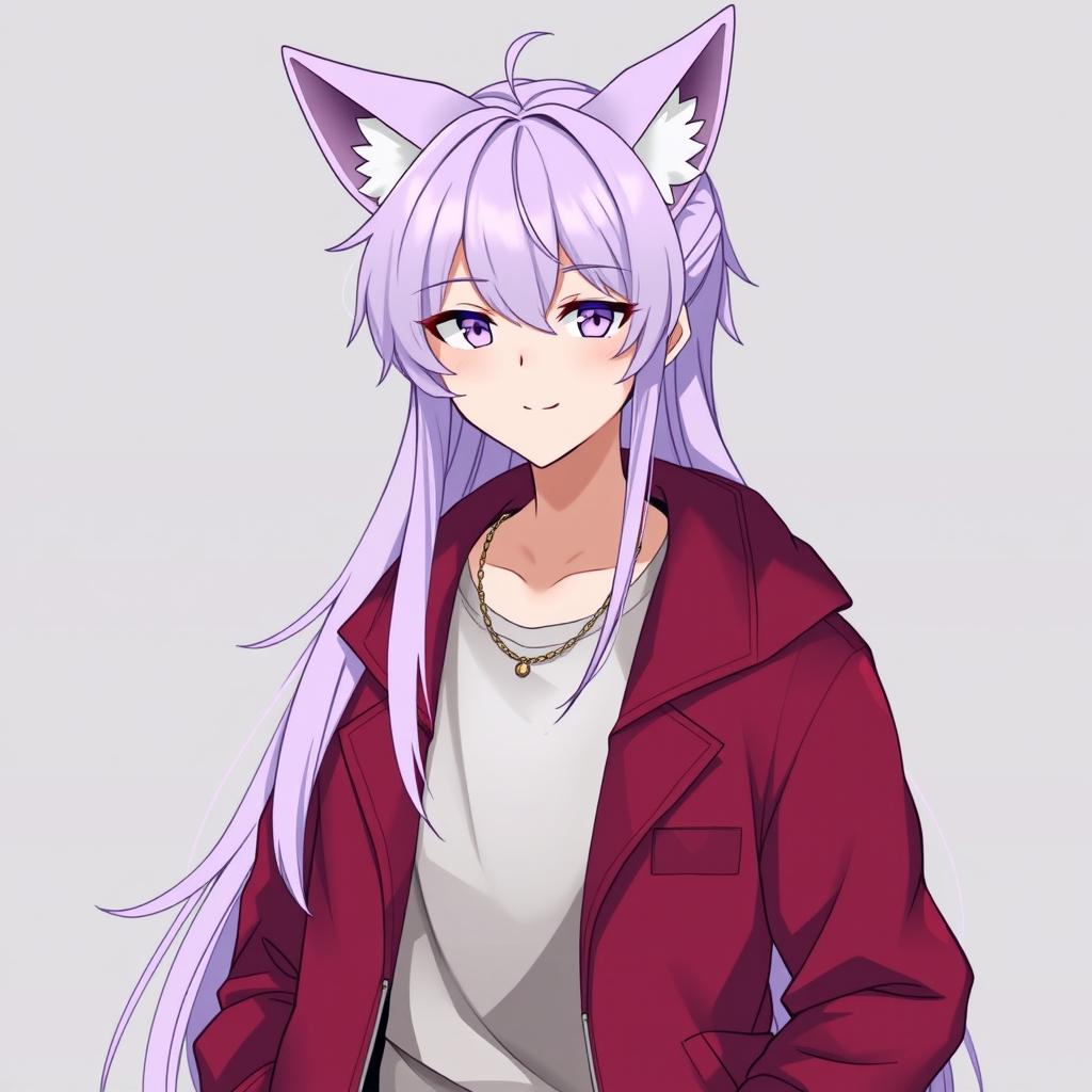 An anime-style guy with modern clothing, long light purple hair, and fox ears