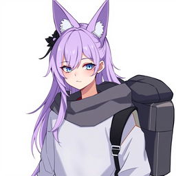 An anime-style guy with modern clothing, long light purple hair, and fox ears