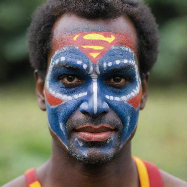 Superman wearing the vibrant, intricate face paint typical of Mt. Hagen cultural tradition in Papua New Guinea.