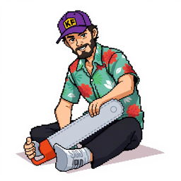 A person wearing a Hawaiian shirt, black pants, and a purple cap is sitting on the ground holding a saw