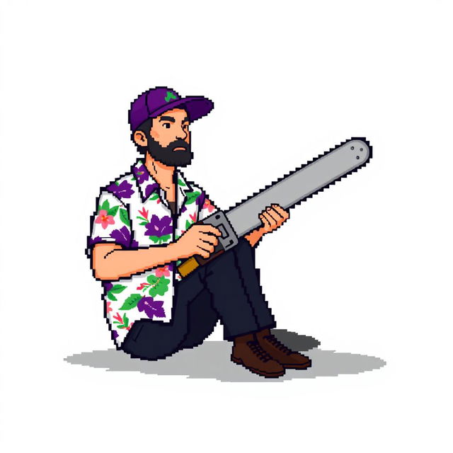 A person wearing a Hawaiian shirt, black pants, and a purple cap is sitting on the ground holding a saw